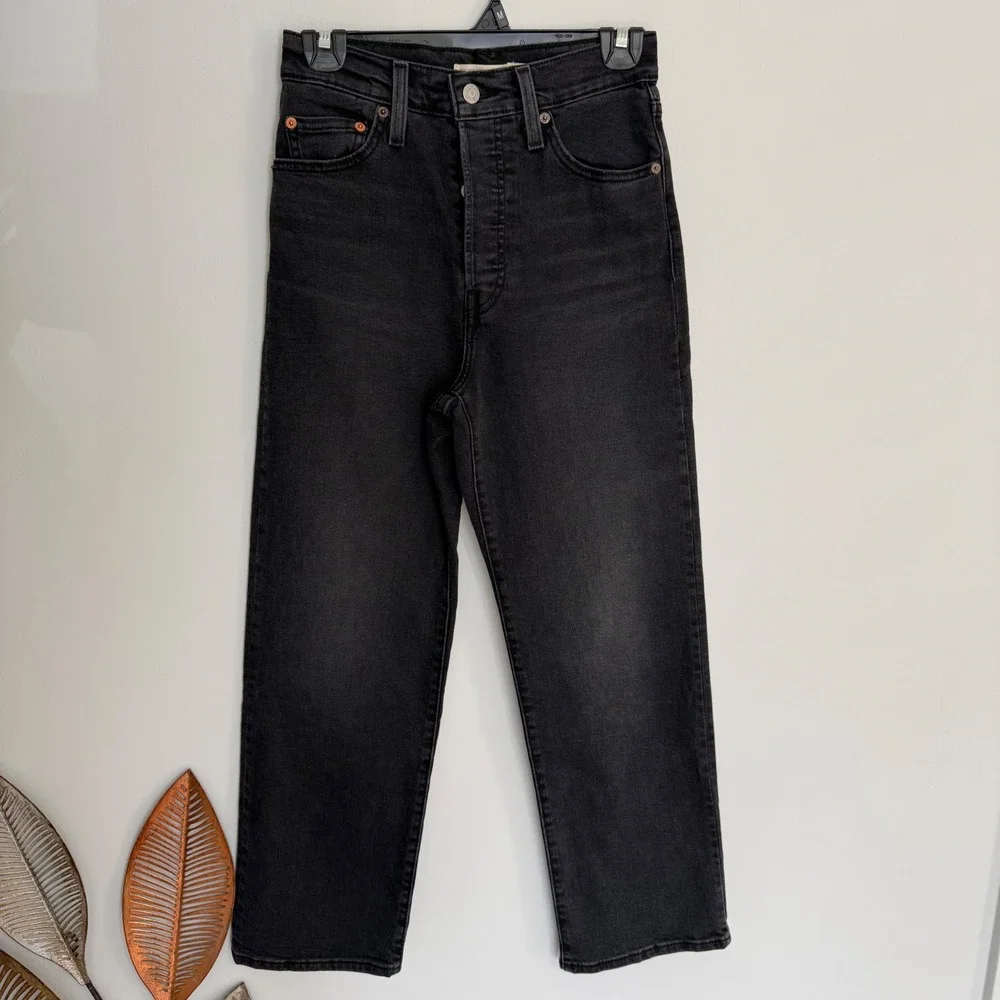 J3 Levis Ribcage Straight Ankle Jean Womens 25 Faded Black Super High Rise Denim
